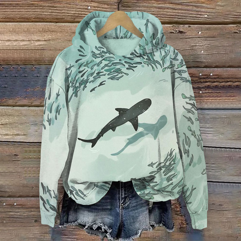 Whale Reflection Painting Long Sleeve Hoodie - Green - 8XL - image 1
