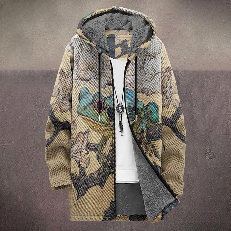 Japanese Retro Frog And Flowers Pattern Print Unisex Plush Thick Long-sleeved Fleece Jacket Coat - image 2