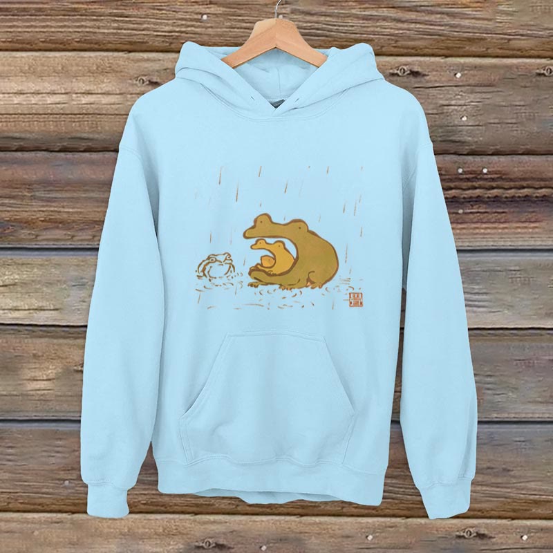 100% Cotton Japanese Cute Rain Frog Print Casual Hoodie