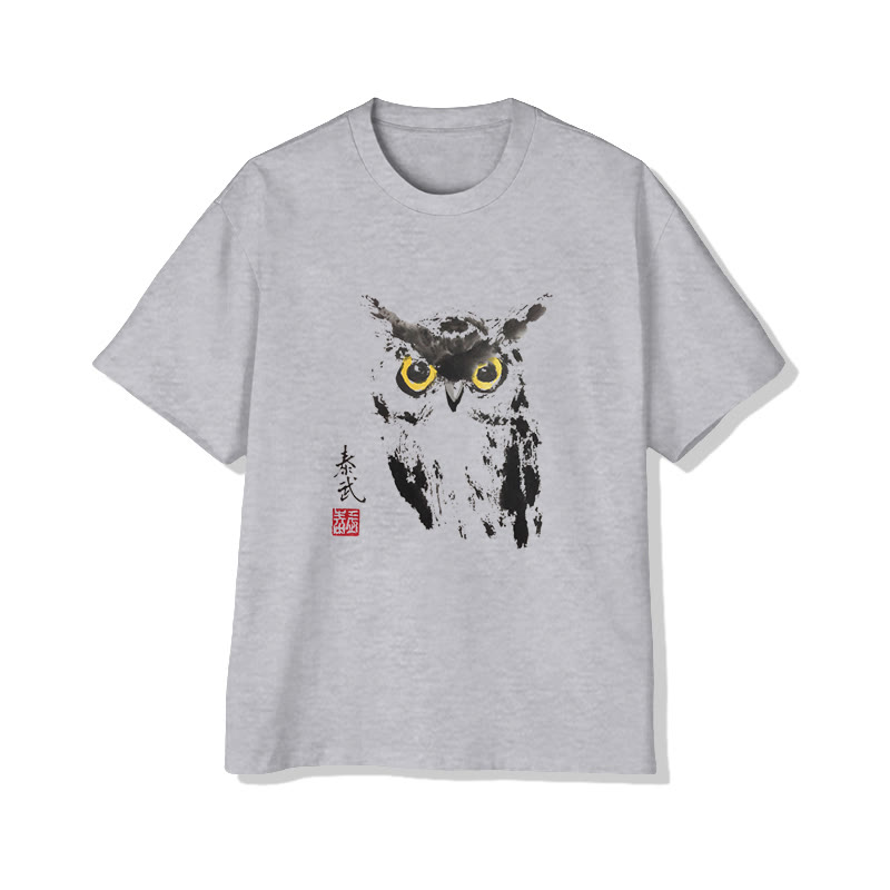 Unisex Japanese Art Owl Short Sleeve Crew Neck T-shirt - Grey - 2XL - image 3