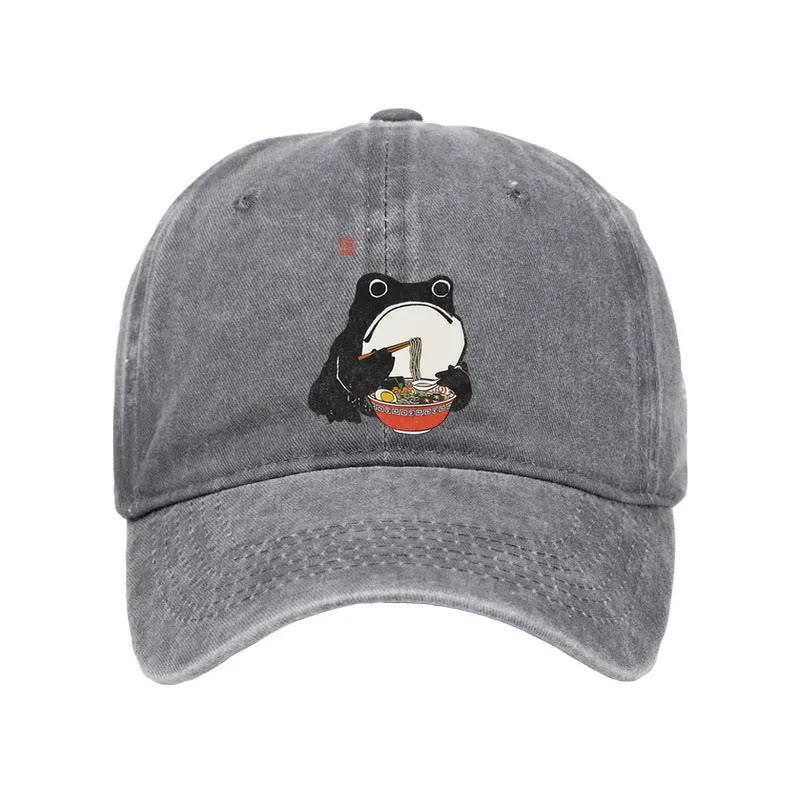 Unisex 100% Cotton Funny Frog Eating Ramen Vintage Print Cap - Grey - one size - image 3