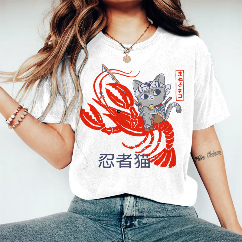100% Cotton Women's Japanese Ninja Cat Riding Lobster Art Print Casual T-shirt - White - 2XL - image 2