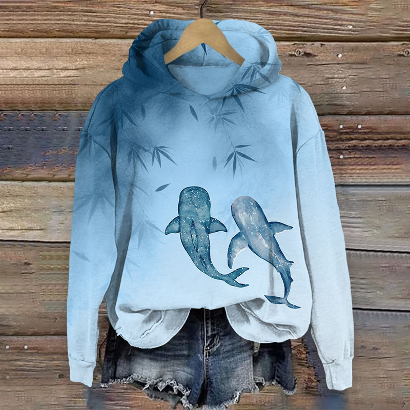 Lovely Cartoon Whale Shark Art Print Long Sleeve Hoodie - Blue - US44-46(8XL) - image 2