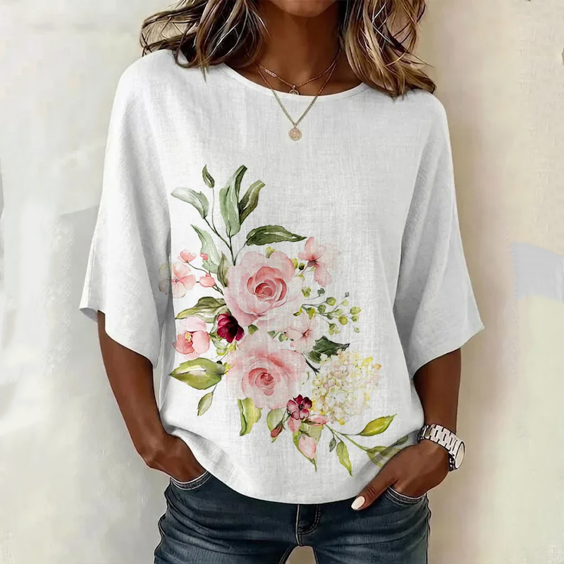  Vintage Elegant Watercolor Roses Pattern Print Half Sleeve Casual Blouse - White - US 28-30 (4XL) - image 1