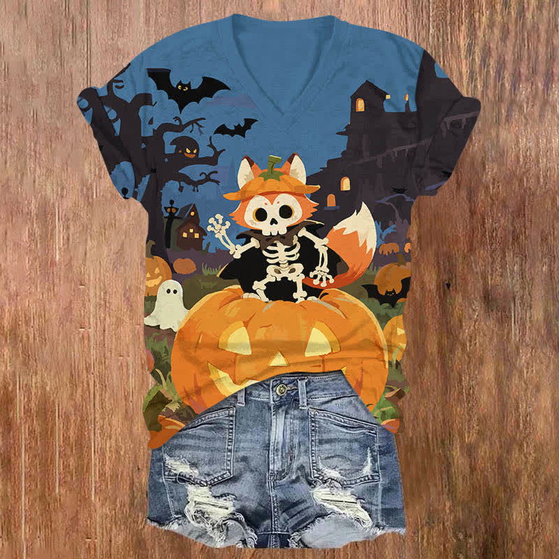 Halloween Bat & Skeleton Fox In A Pumpkin Print V-neck T-shirt - Blue - US32-34(5XL) - image 3