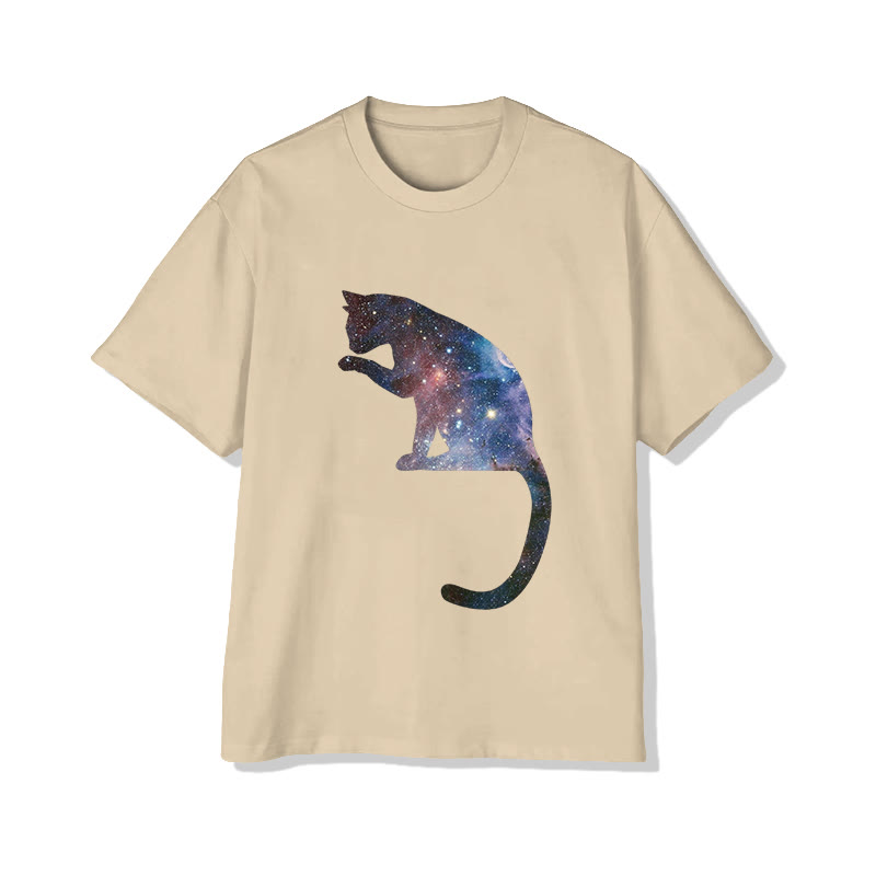 Unisex Starry Universe Cat Pattern Print Short Sleeved Crew Neck T-shirt - Apricot - 2XL - image 3
