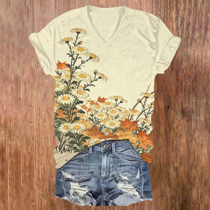 Japanese Oil Painting Sunflower Art Print V-neck T-shirt - Apricot - US32-34(5XL) - image 6
