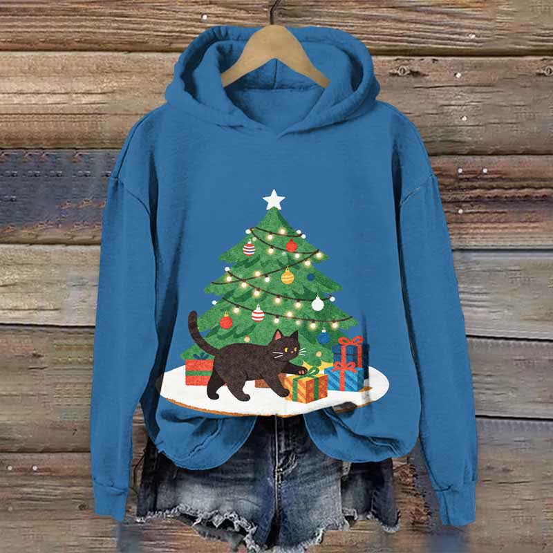Christmas Tree Gifts & Black Cat Art Print Long Sleeve Hoodie - Blue - US44-46(8XL) - image 2
