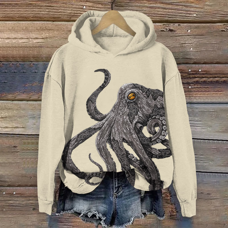 Vintage Octopus Art Print Long Sleeve Hoodie - Apricot - US44-46(8XL) - image 3