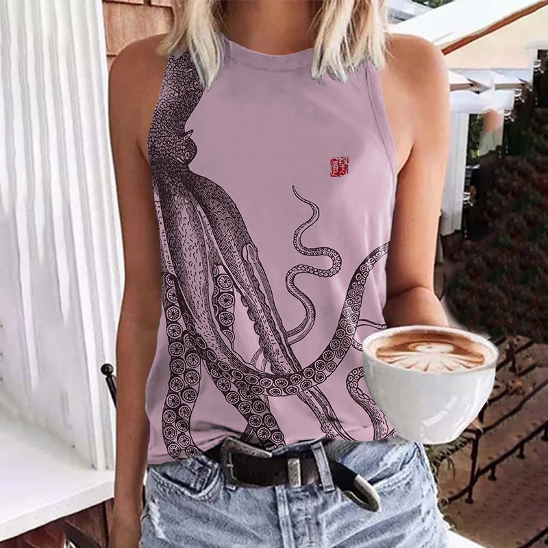 Japanese Style Octopus Print Crew Neck Tank Top - Pink - 5XL - image 3