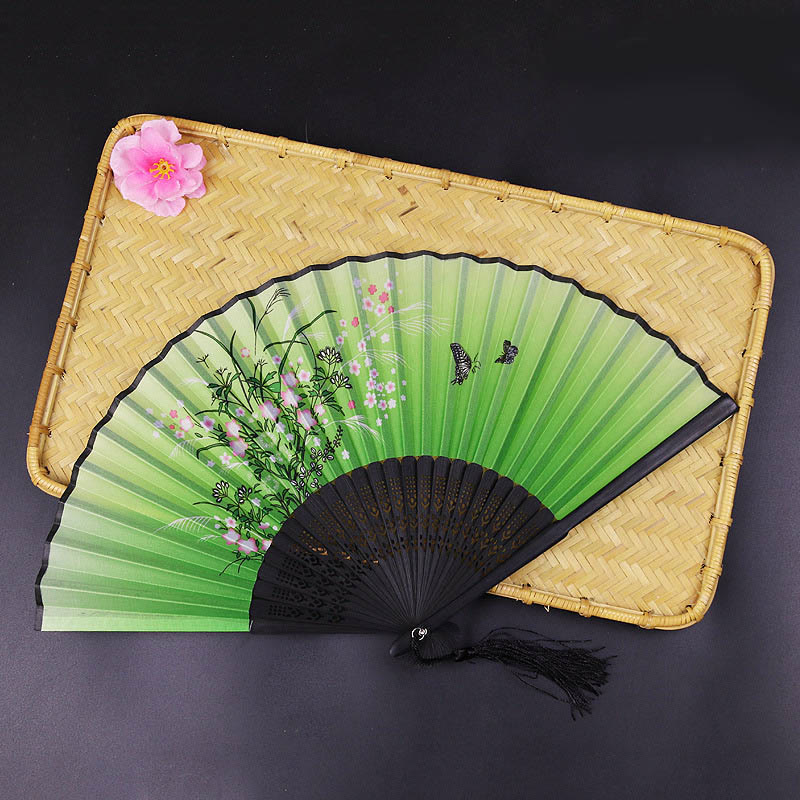 Women Silk Cloth Ancient Style Japanese Floral Folding Fan - Green - image 5