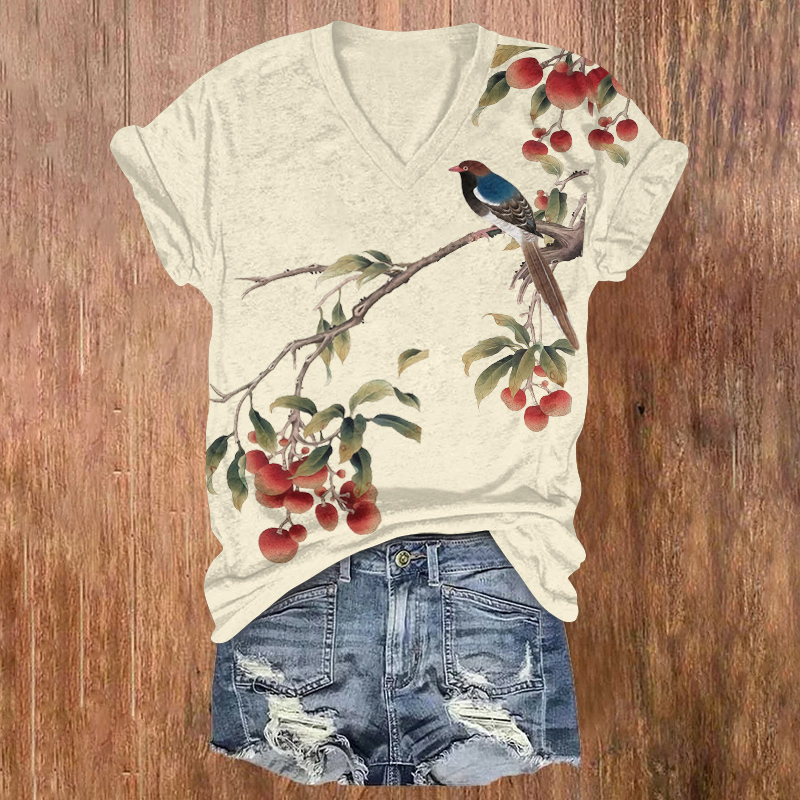 Elegant Japanese Cherry Blossom And Bird Painting Printed Short Sleeved V-neck T-shirt - Apricot - US32-34(5XL) - image 1
