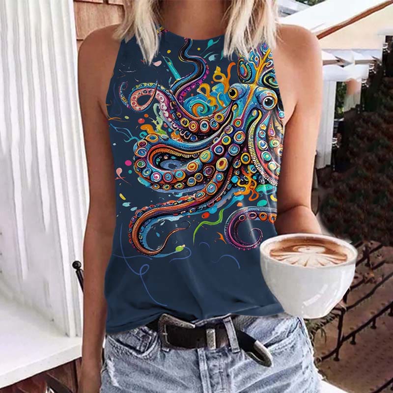 Vintage Rainbow Octopus Art Print Crew Neck Tank Top - Blue - 5XL - image 5