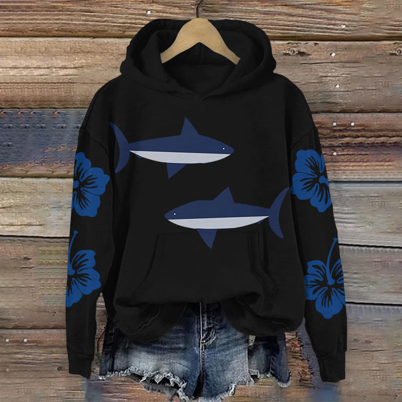 100% Cotton Shark And Dahlia Print Hoodie - Black - 2XL - image 4