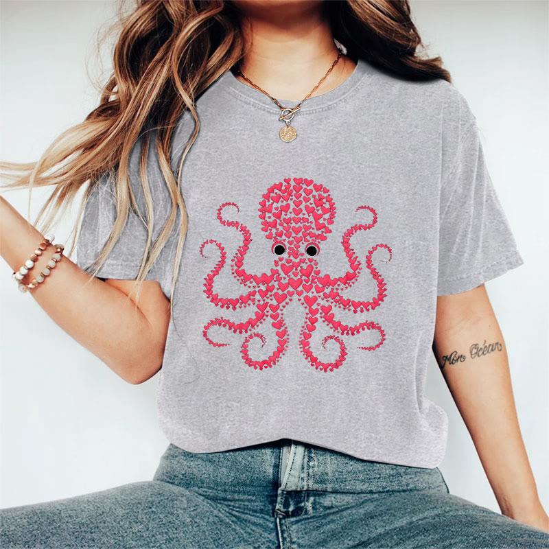 100% Cotton Valentine's Day Octopus Heart T-shirt - Grey - 2XL - image 4