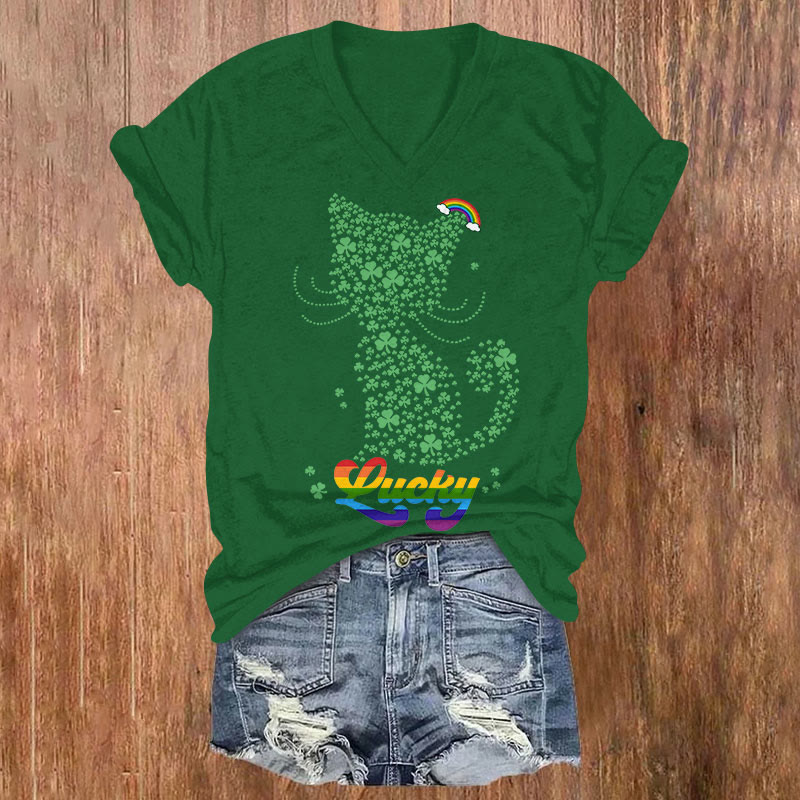 St. Patrick's Day Lucky Cat Print Short Sleeved V-neck T-shirt - Green - US32-34(5XL) - image 3
