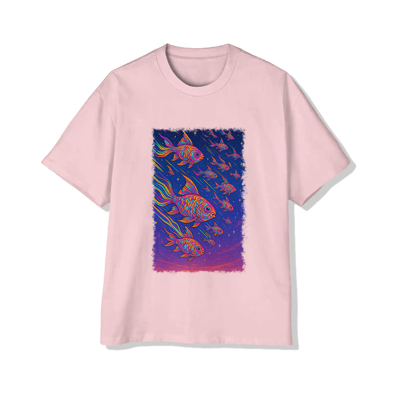 Unisex Japanese Fantasy Fish Print Short Sleeved Crew Neck T-Shirt - Pink - 2XL - image 3