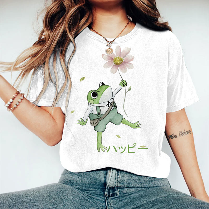 100% Cotton Women's Japanese Lovely Frog Holding Flower Art Print Casual T-shirt - White - 2XL - image 2