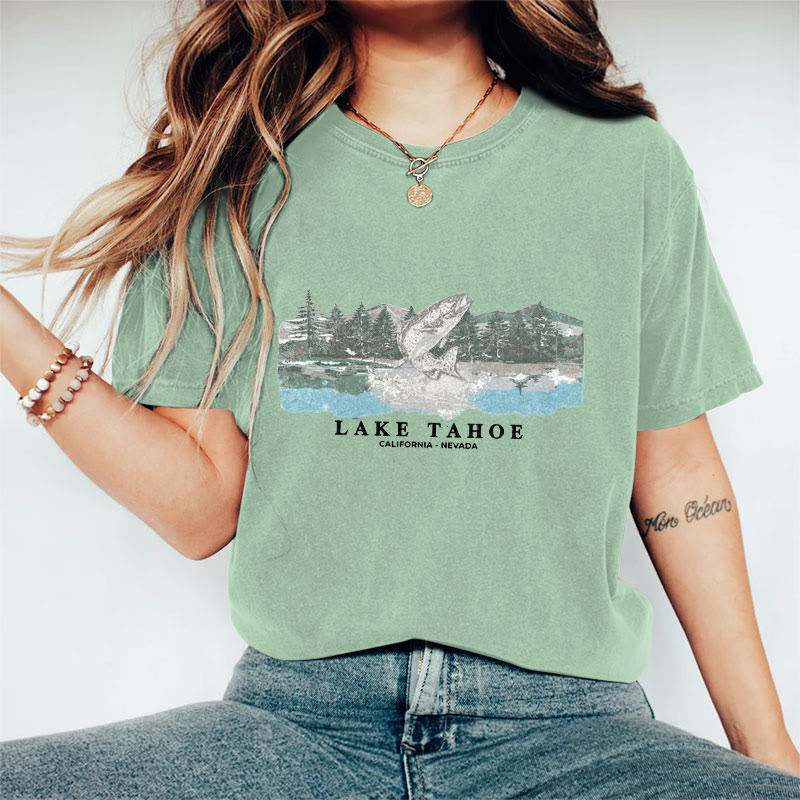100% Cotton Vintage Lake Tahoe Fish T-shirt - Light Green - 2XL - image 6