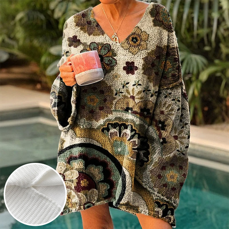 Women's Vintage Brown Floral Print Causal V-neck Pullover Sweater - image 2