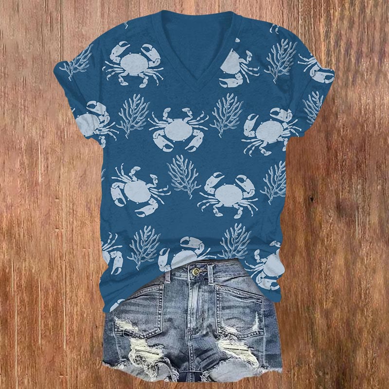 Lovely Crab & Sea Weed Print V-neck T-shirt - Blue - US32-34(5XL) - image 2