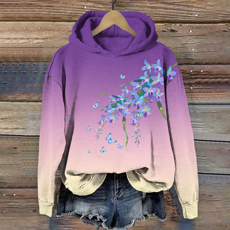 Vintage Ombre Violet Flowers Print Long Sleeve Hoodie - Purple - US44-46(8XL) - image 2