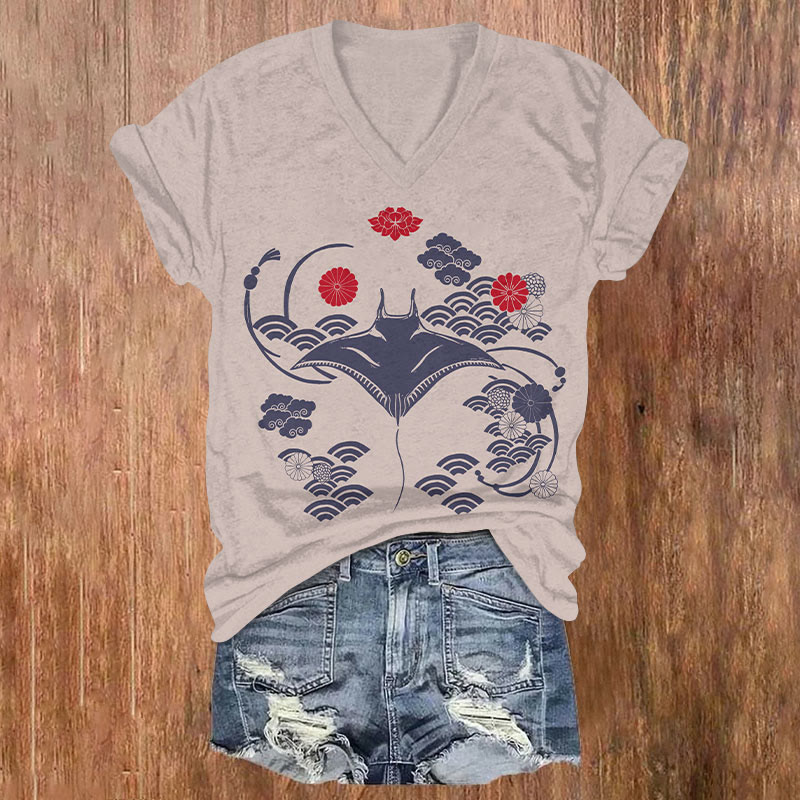 Japanese Floral Wave Ray Art T-shirt - Purple - US32-34(5XL) - image 2