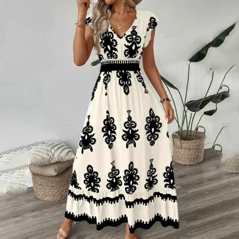 Boho Beach Ethnic Print V Neck Cap Sleeve Maxi Dress - Apricot - 2XL - image 3