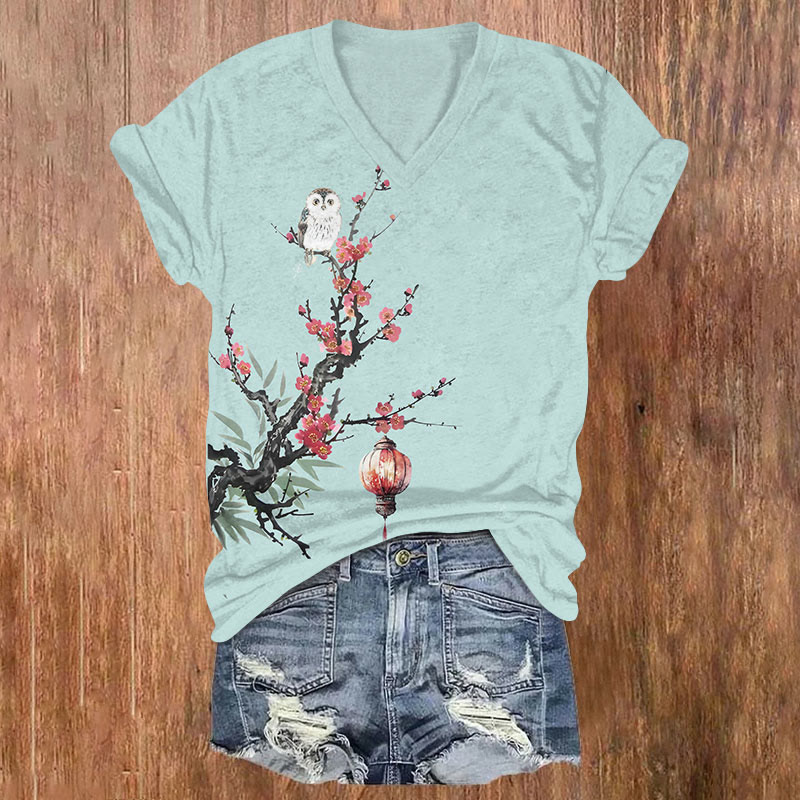 Vintage Lantern & Owl On Peach Blossom Tree Art T-shirt - Green - US32-34(5XL) - image 3