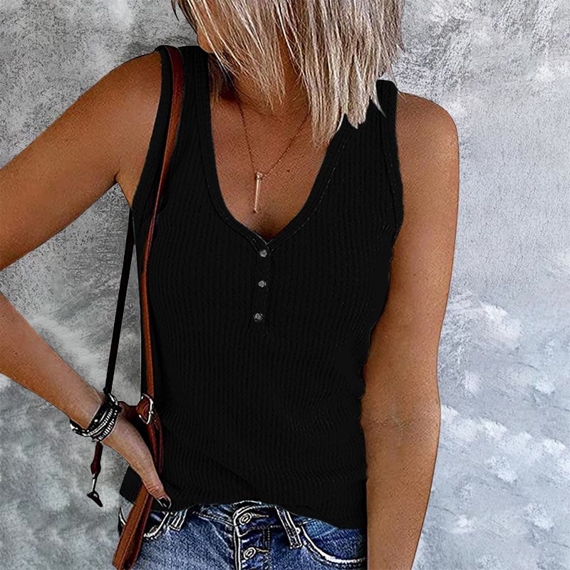 Casual Solid Color V-neck Button Tank Top - Black - 5XL - image 8
