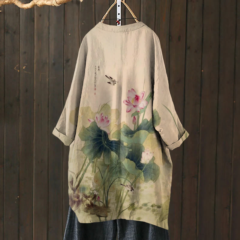 Women's Japanese Vintage Lotus Art Printed Casual Cardigan - image 2