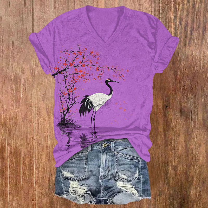 Japanese Crane With Floral  Print V-neck T-shirt - Purple - US32-34(5XL) - image 2