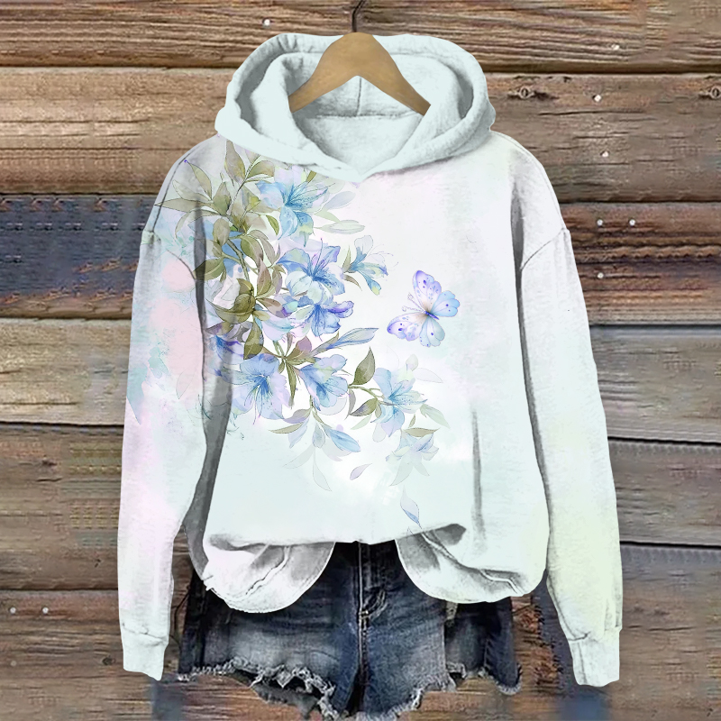 Fantasy Watercolor Morning Glory & Butterfly Art Print Long Sleeve Hoodie - Light Blue - US44-46(8XL) - image 2