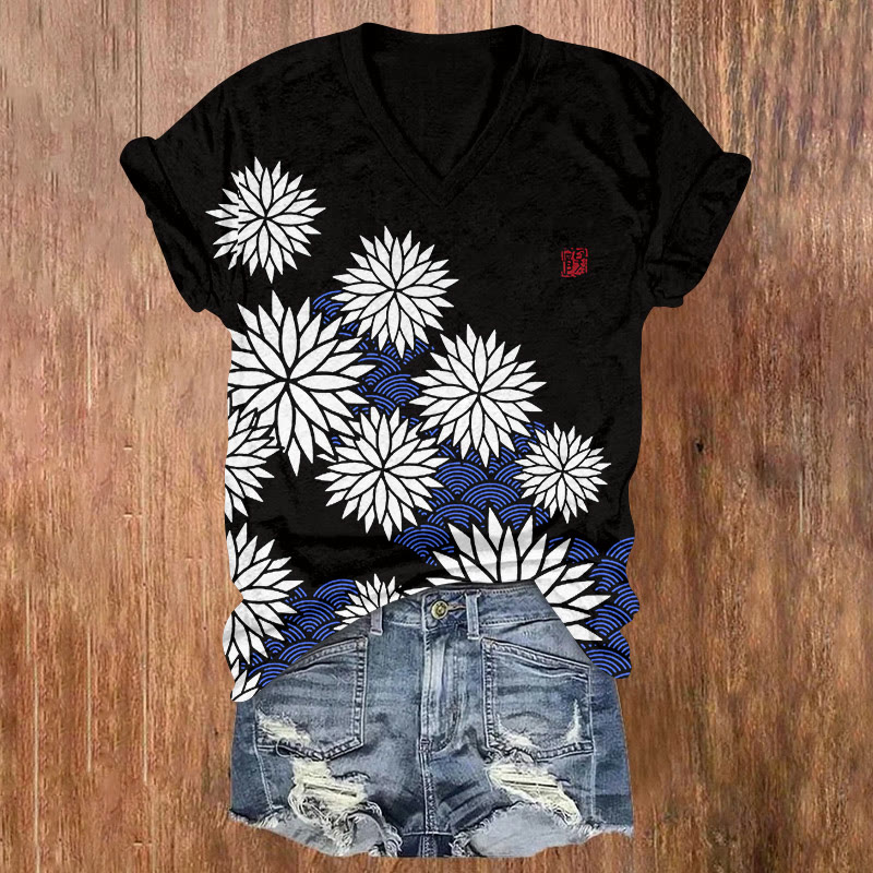 Japanese Vintage Chrysanthemum Water Ripple Pattern Print Short Sleeved V-neck T-shirt - black-white - US32-34(5XL) - image 5