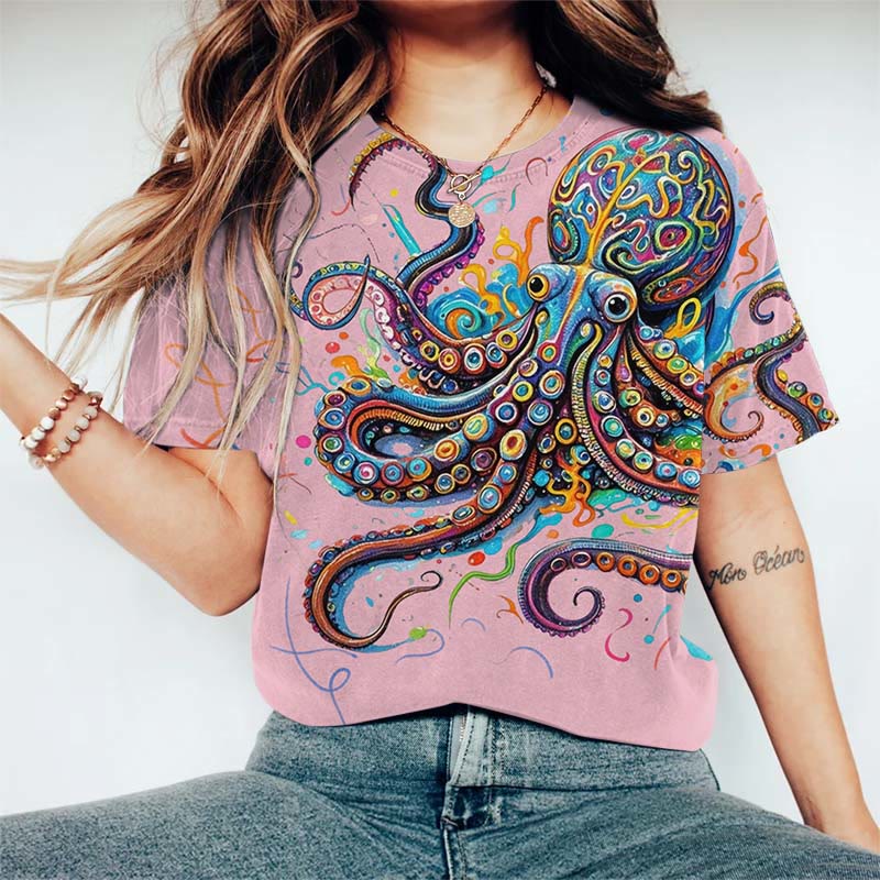 Vintage Rainbow Octopus Art Print Casaul T-shirt - Pink - US44-46(8XL) - image 3