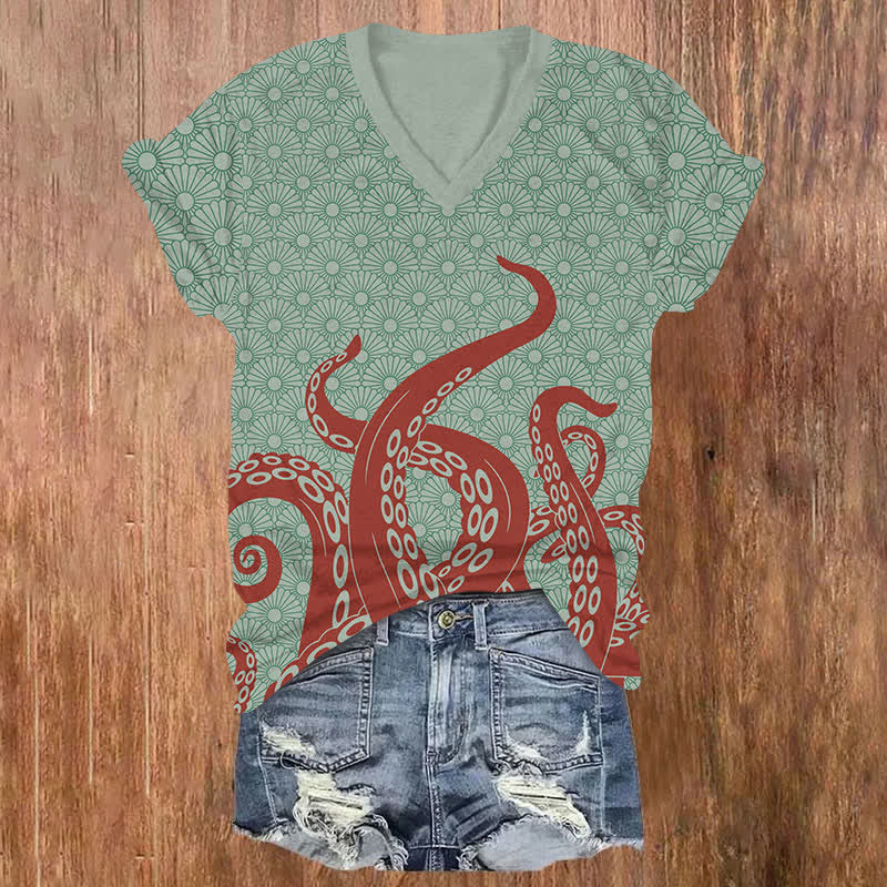 Japanese Sunflower Octopus Tentacles Art Print V-neck T-shirt - Olive Green - US32-34(5XL) - image 4