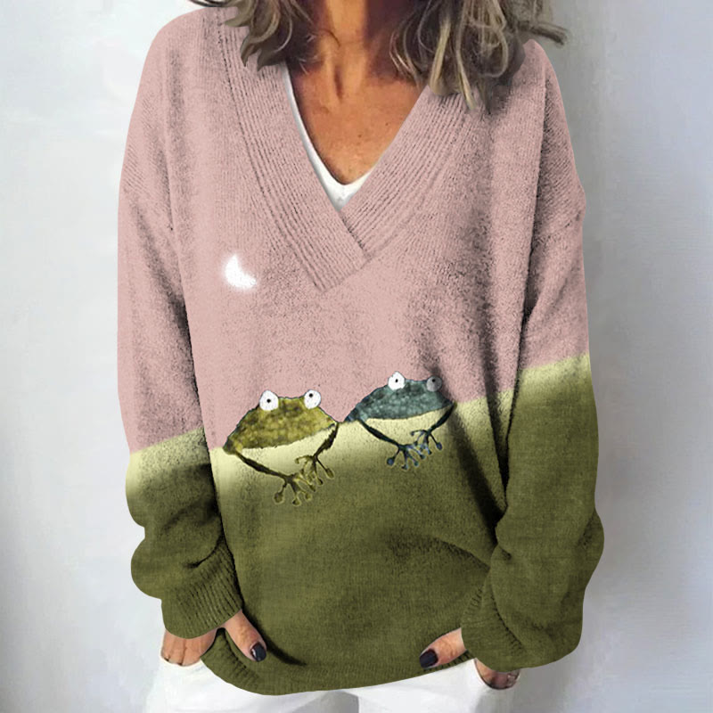 Simple Frog Color Block Print Causal V-neck Pullover Sweater - Pink - 4XL - image 3