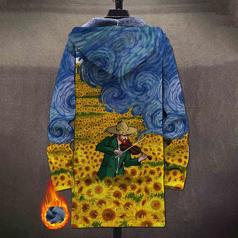 Famous Oil Painting Starry Sky And Sunflower Field Print Unisex Plush Thick Long-sleeved Fleece Jacket Coat - image 3
