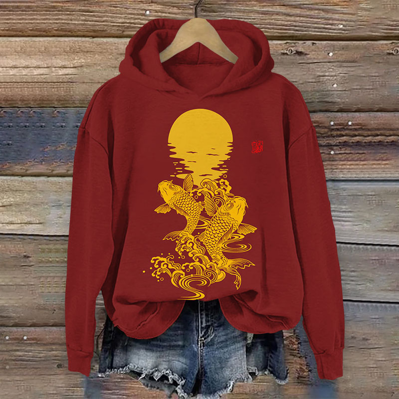Japanese Creative Koi Carp & Moon Print Long Sleeve Hoodie - Red - US44-46(8XL) - image 4