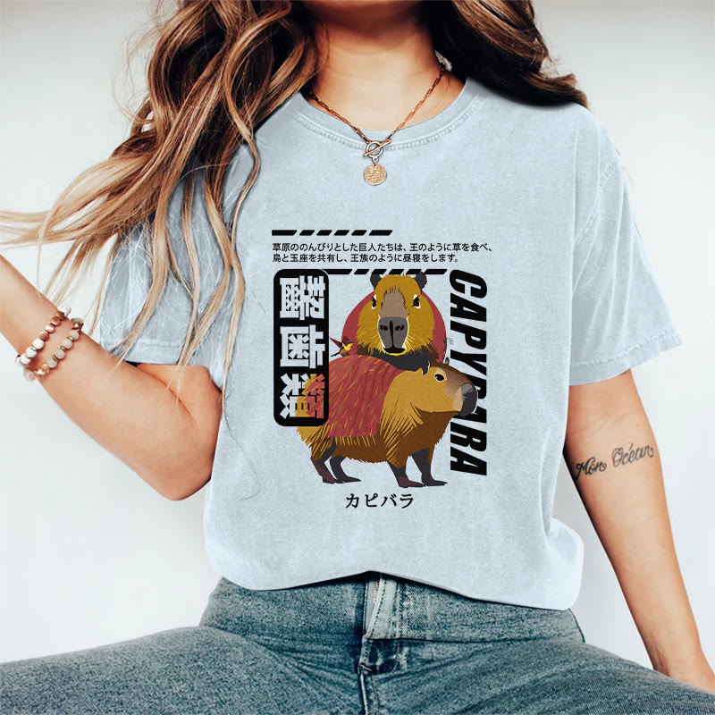 100% Cotton Funny Japanese Capybara Rodents Print T-shirt - Light Blue - 2XL - image 5