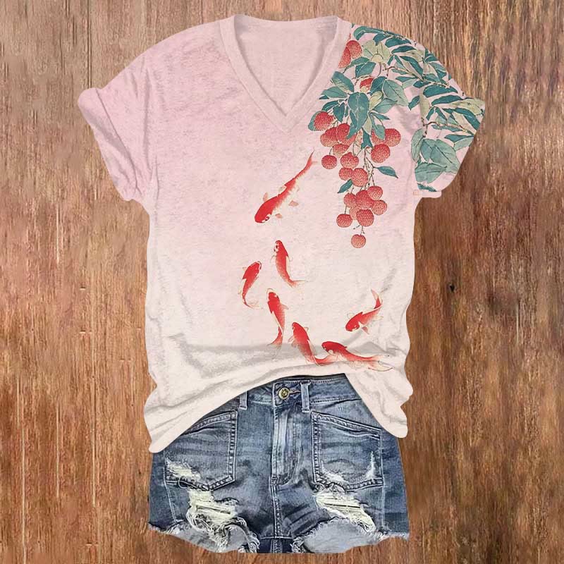 Summer Vivid Koi Carp & Lychee Art Print V-neck T-shirt - Pink - US32-34(5XL) - image 2