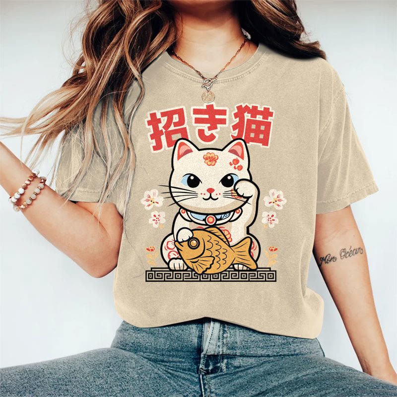 100% Cotton Women's Japanese Lucky Cat Art Print Casual T-shirt - Khaki - 2XL - image 5