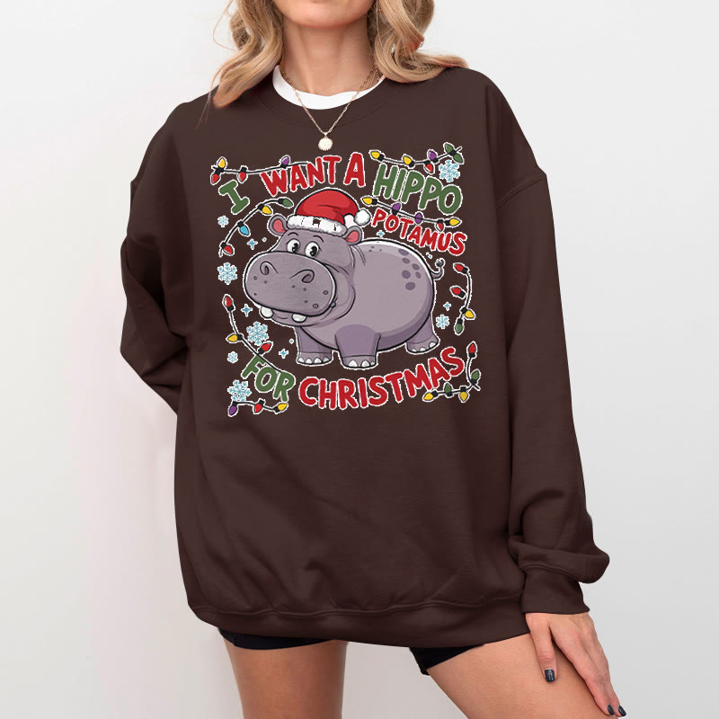 Unisex 100% Cotton Cute Hippopotamus For Christmas Print Round Neck Sweatshirt - Coffee - 2XL - image 6