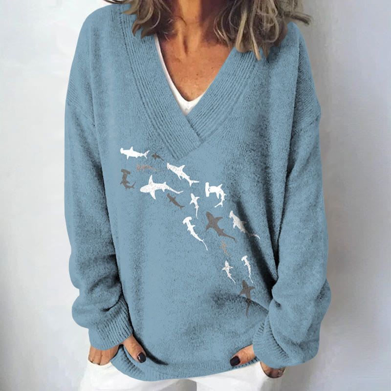 Shark Print Causal V-neck Pullover Sweater - Light Blue - 4XL - image 2