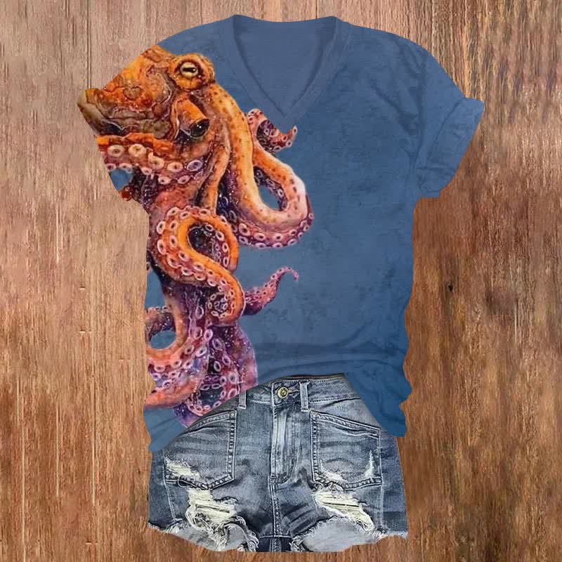Vintage Giant Octopus Art Print V-neck T-shirt - Blue - US32-34(5XL) - image 2