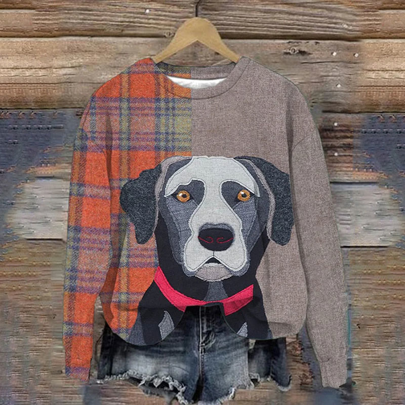 Plaid Dog Print Crew Neck Casual Sweatshirt