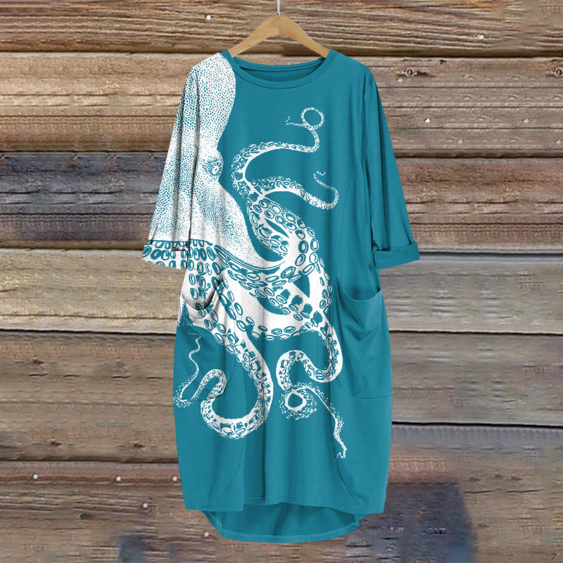 Japanese Art Octopus Graphic Print Crew Neck Dress - Blue - 8XL - image 6