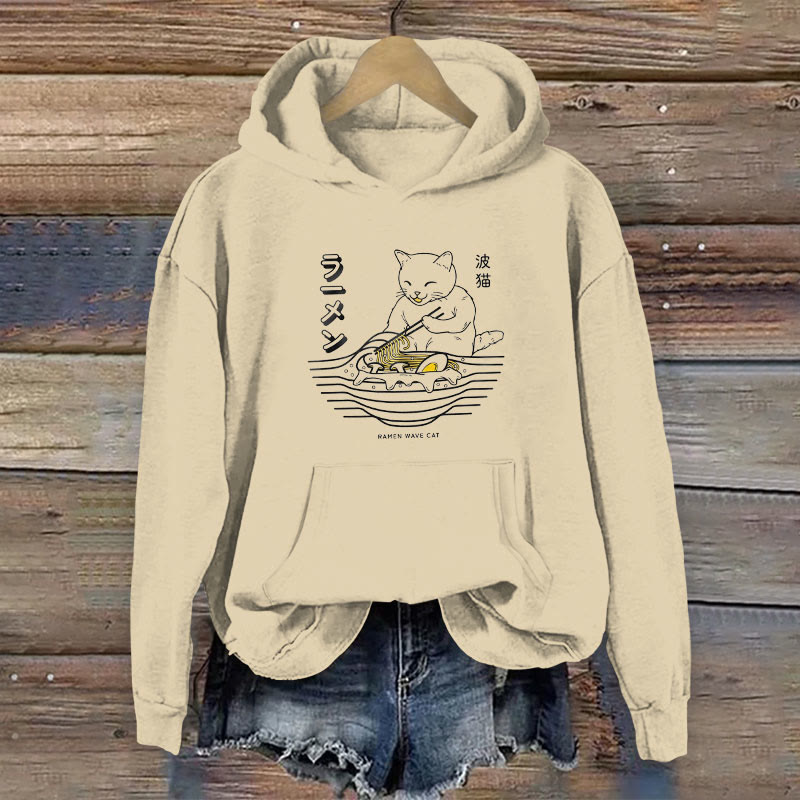 100% Cotton Japanese Wave Cute Cat Ramen Print Women's Hoodie - Khaki - 2XL - image 3