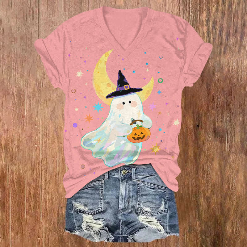 Halloween Watercolor Cute Ghost Holding Pumpkin Art Print V-neck T-shirt - Pink - US32-34(5XL) - image 7