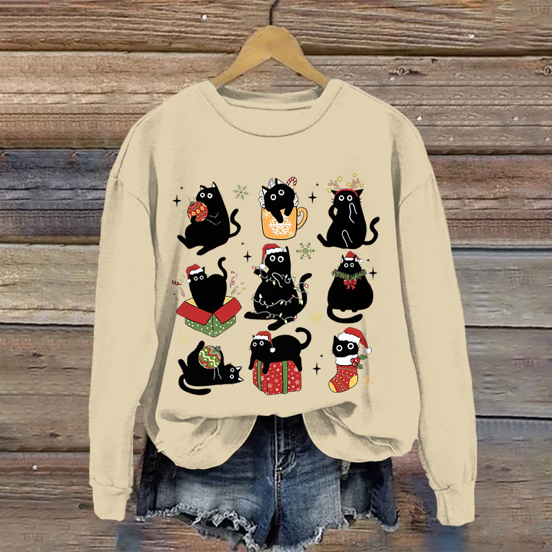 Christmas Cat Pattern Print Long Sleeve Sweatshirt - Apricot - US16-18(2XL) - image 4